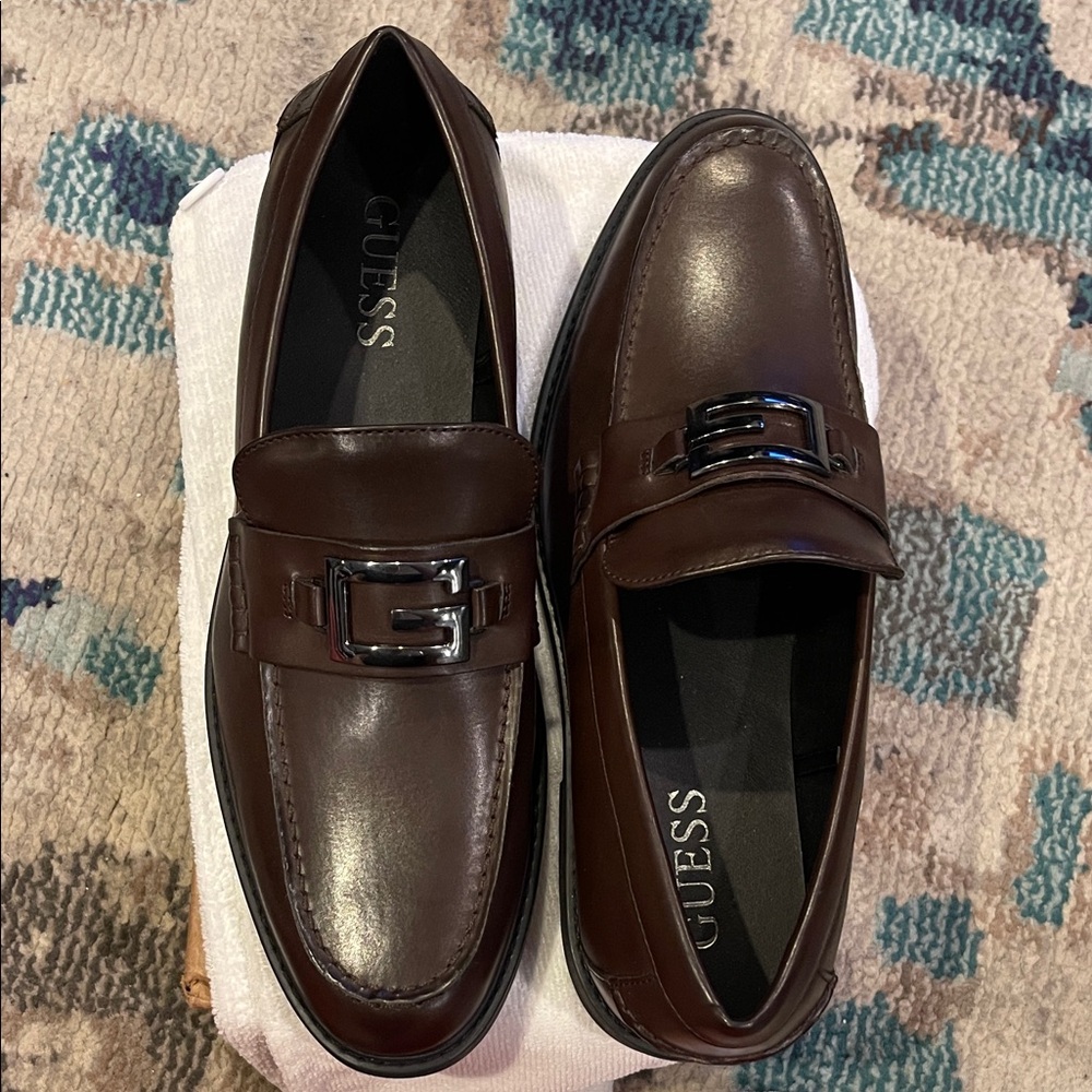 GUESS Men's Dark Brown Loafers with Silver Buckle
